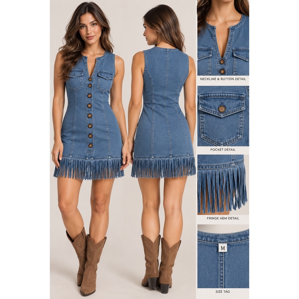 Oyrosy Blue Denim Fringe Mini Dress Sleeveless Button Front Light Wash Medium